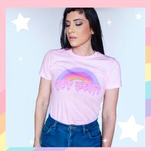 GILDAN Pastel Pink Rainbow ‘GET BENT’ T- Shirt, Size L.